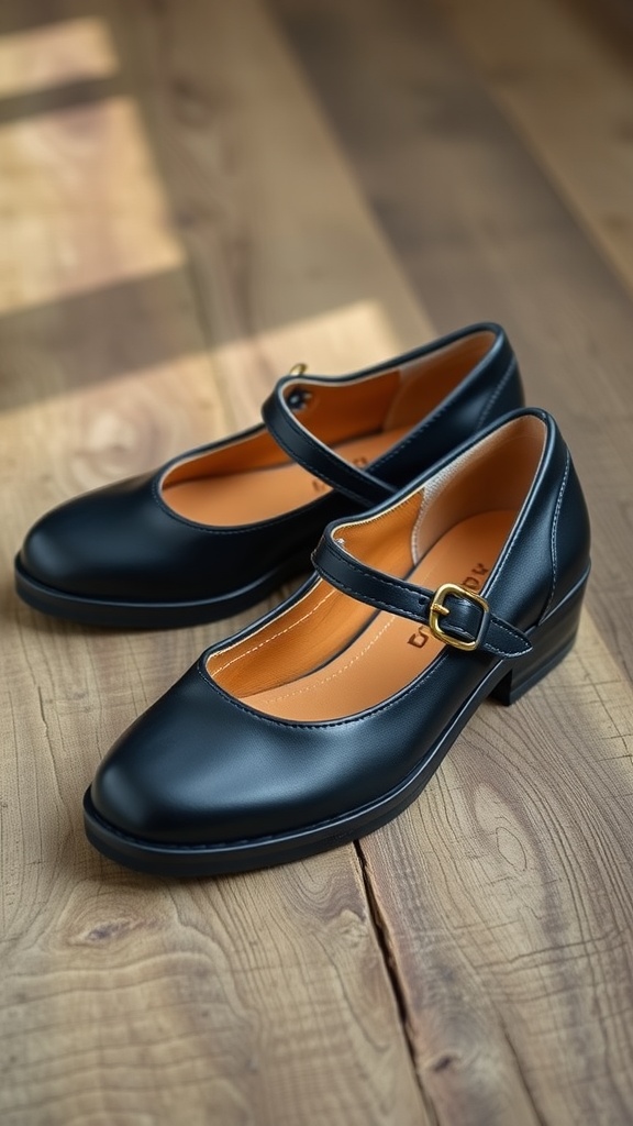 Stylish black Vegan Felix Mary Jane Shoes on a rustic wooden surface with natural lighting.